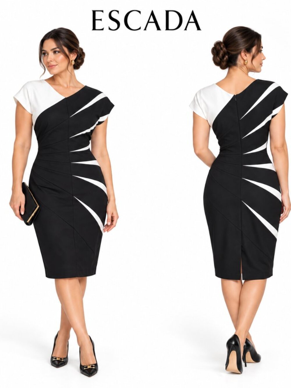 Escada Black White Daidas Sunburst Pleated Sheath Dress Size 38 US 8